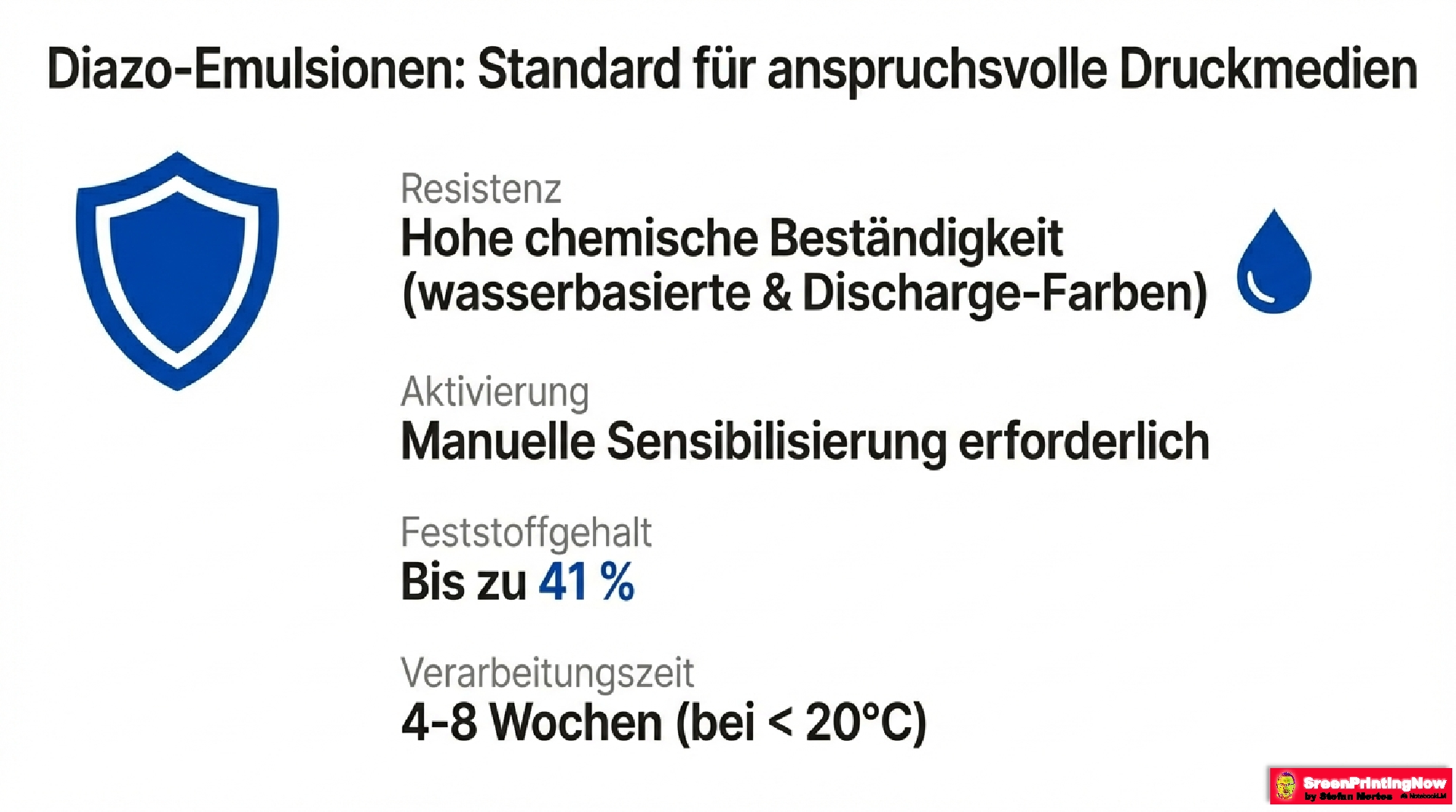 Technische Merkmale von Diazo-Siebdruckemulsionen: Maximale chemische Beständigkeit für Wasser- und Discharge-Farben, bis zu 41 % Feststoffgehalt und manuelle Sensibilisierung.